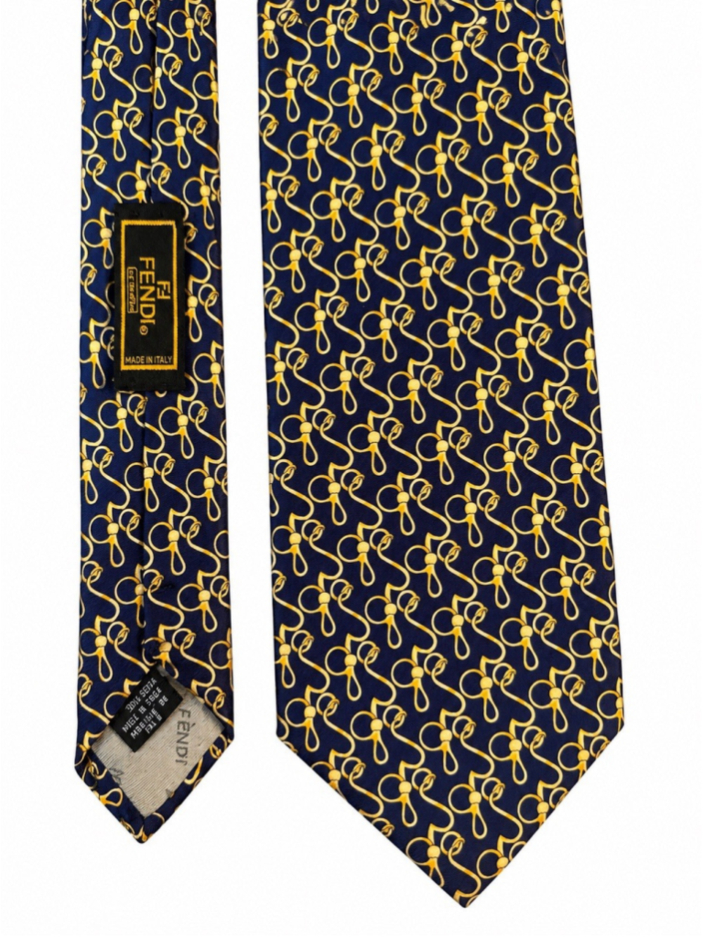 Fendi Italy Silk Tie Blue Gold Geometric Chain Pattern Designer Luxury Necktie